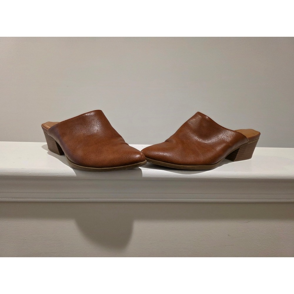Women's sz 8.5 Pointed Toe Mules Cognac Brown Block Heel Slip On Vegan Shoes